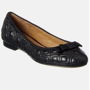 TORY BURCH Black Nappa Leather Quilted Marion Logo Ballet Flats Size 8 Authentic